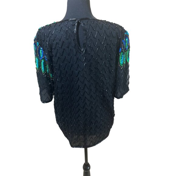 Vintage Sequin Peacock Feather Top Black Silk Blouse By Tenay Heavily Beaded - Picture 3 of 12